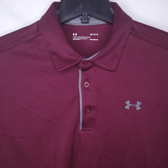 Under Armour Polo Shirt Mens Large Burgundy Performance HeatGear Loose Tech - Picture 1 of 11